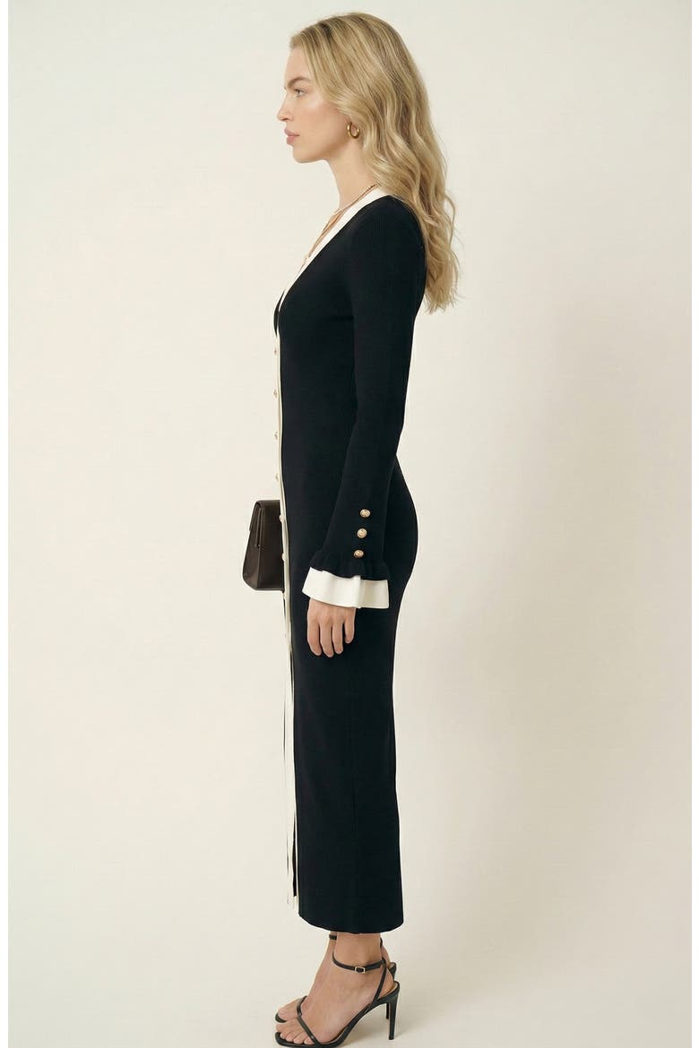 Ribbed Knit Contrast Trim Button Front Midi Dress, Alternate, color, Black / White