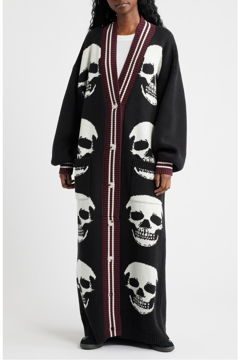 Trouble Maker Long Cardigan, Alternate, color, BLACK WITH SKULLS