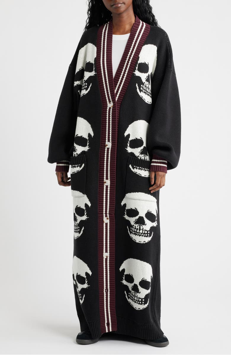 Dressed in Lala Trouble Maker Long Cardigan, Alternate, color, Black With Skulls