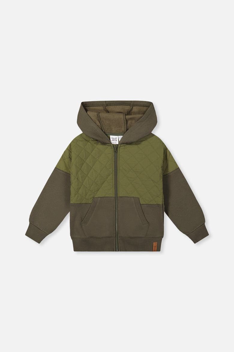 Full Zip Hooded Bi-Material Quilted Panel Cardigan, Main, color, Green