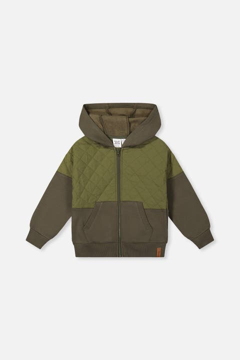 Full Zip Hooded Bi-Material Quilted Panel Cardigan