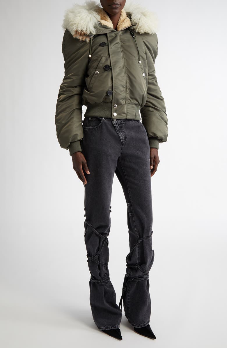 McQueen Hooded Bomber Jacket with Genuine Shearling Trim, Alternate, color, Cargo Green