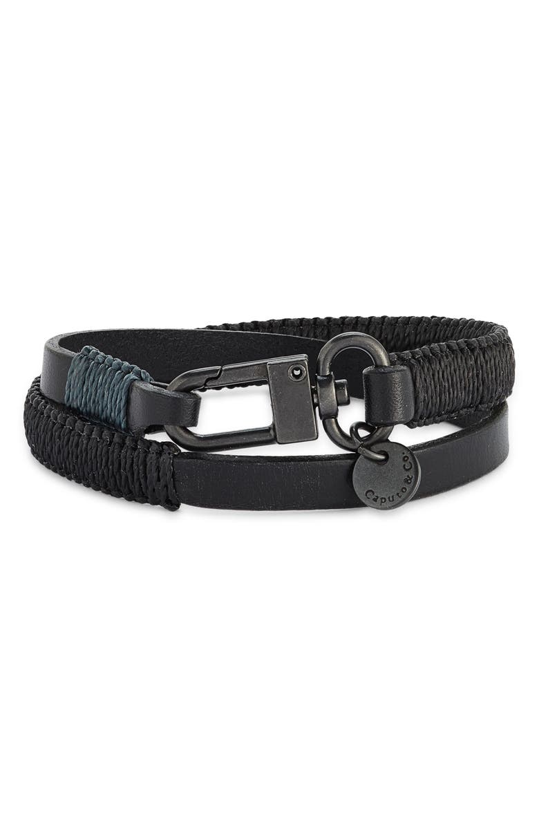 Caputo & Co. Men's Wide Hand-Knotted Leather Double Wrap Bracelet, Main, color, Black
