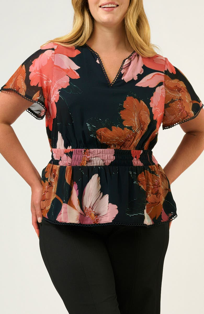 Estelle Elena Floral Picot Trim Flutter Sleeve Top, Main, color, Navy/ Peony