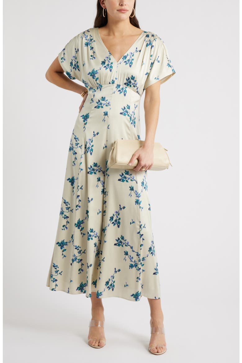 Seamed Stretch Satin Maxi Dress, Alternate, color, GREEN- TEAL FAINT FLORAL