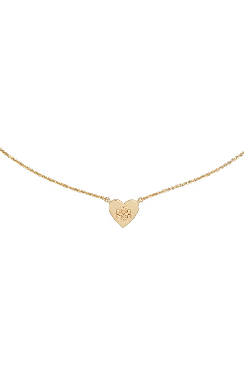 Tory Burch Forget Me Not Heart Pendant Necklace, Alternate, color, Tory Gold