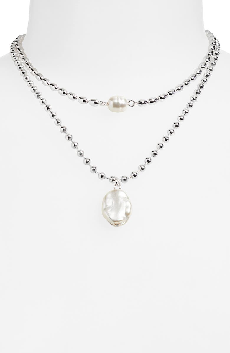 Open Edit Set of 2 Cultured Pearl Ball Chain Necklaces, Alternate, color, White- Silver