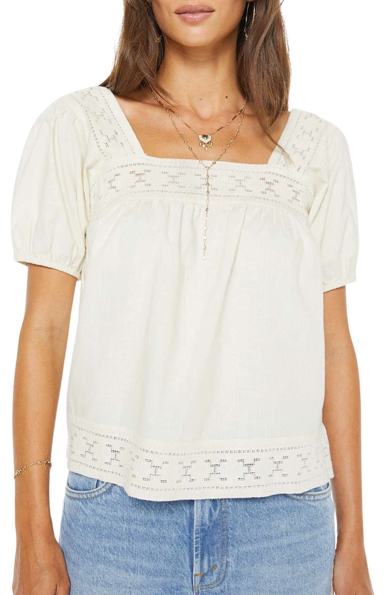 MOTHER The Memory Lane Embroidered Trim Puff Sleeve Top, Main, color, Early Bird