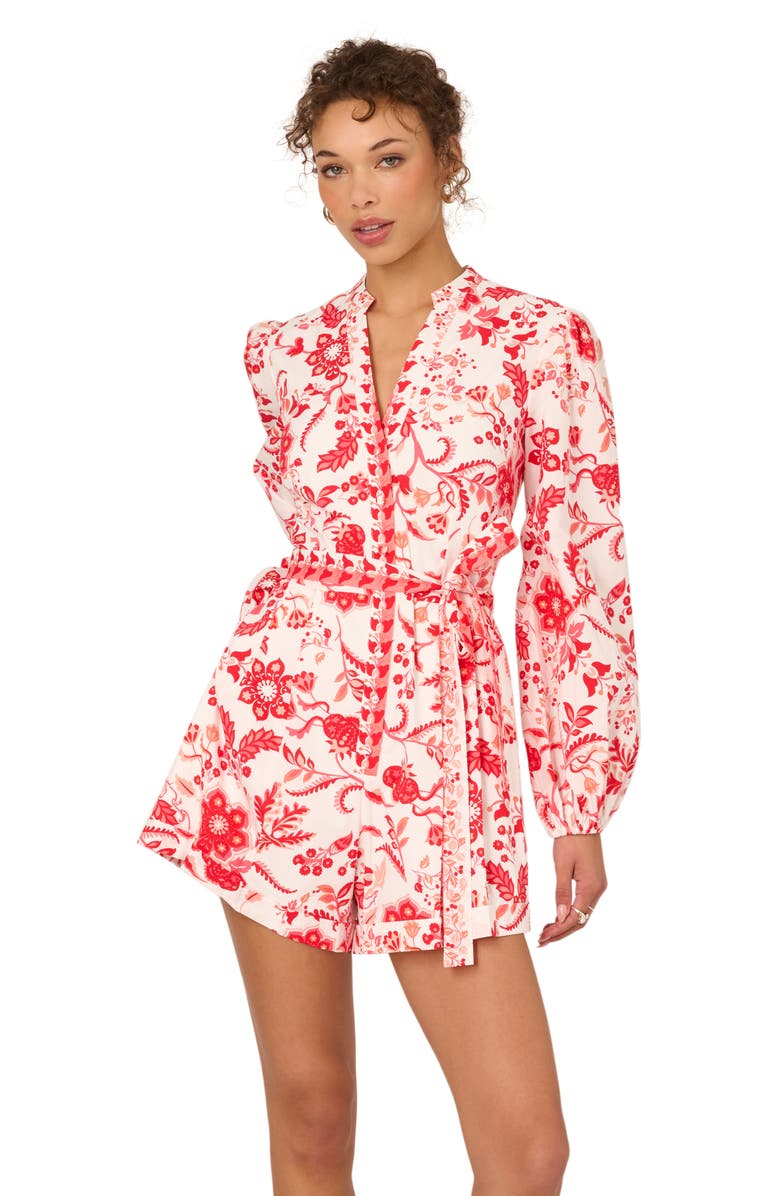 Adrianna Papell Floral Long Sleeve Cotton Romper, Alternate, color, White/ Coral Multi