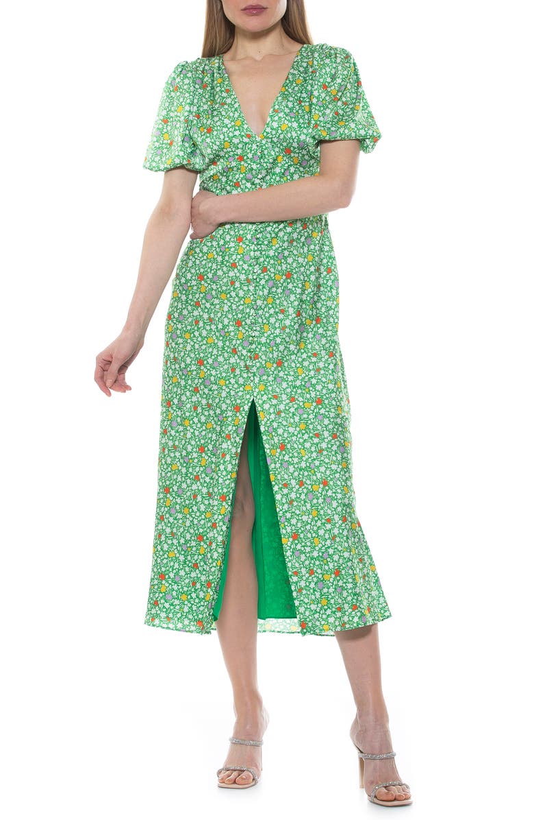 Alexia Admor Lorelei V-Neck Bubble Sleeve Midi Dress, Alternate, color,