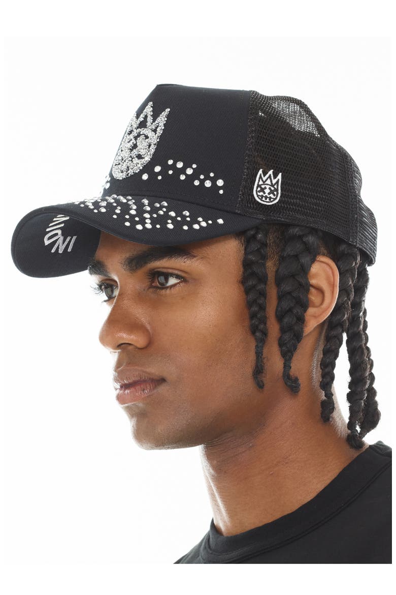 Shimuchan Logo Crystal Embellished Trucker Hat, Alternate, color, BLACK