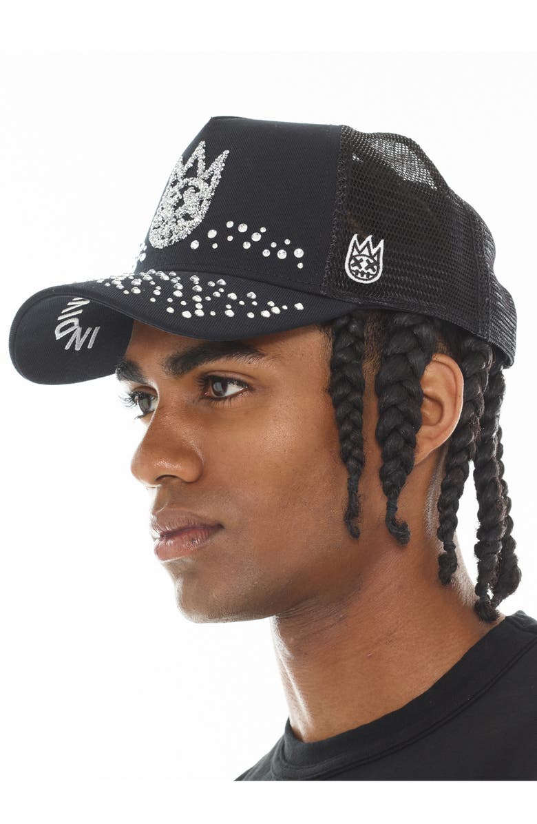 Cult of Individuality Shimuchan Logo Crystal Embellished Trucker Hat, Alternate, color, Black
