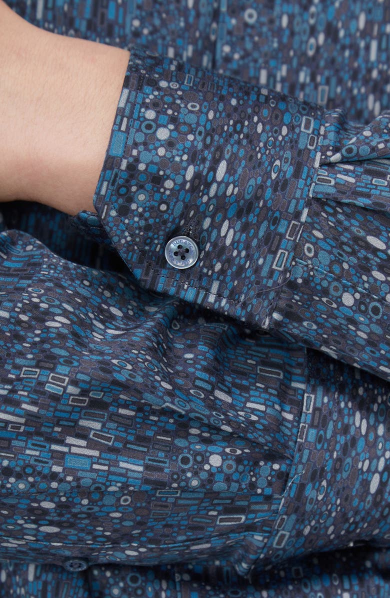 Bugatchi Julian Shaped Fit Geo Print Button-Up Shirt, Alternate, color, Teal