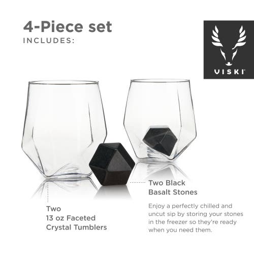 Viski 4pc Faceted Tumbler & Hexagonal Basalt Stone Set
