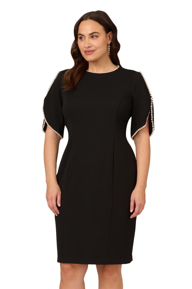 Imitation Pearl Detail Crepe Sheath Dress, Alternate, color, BLACK