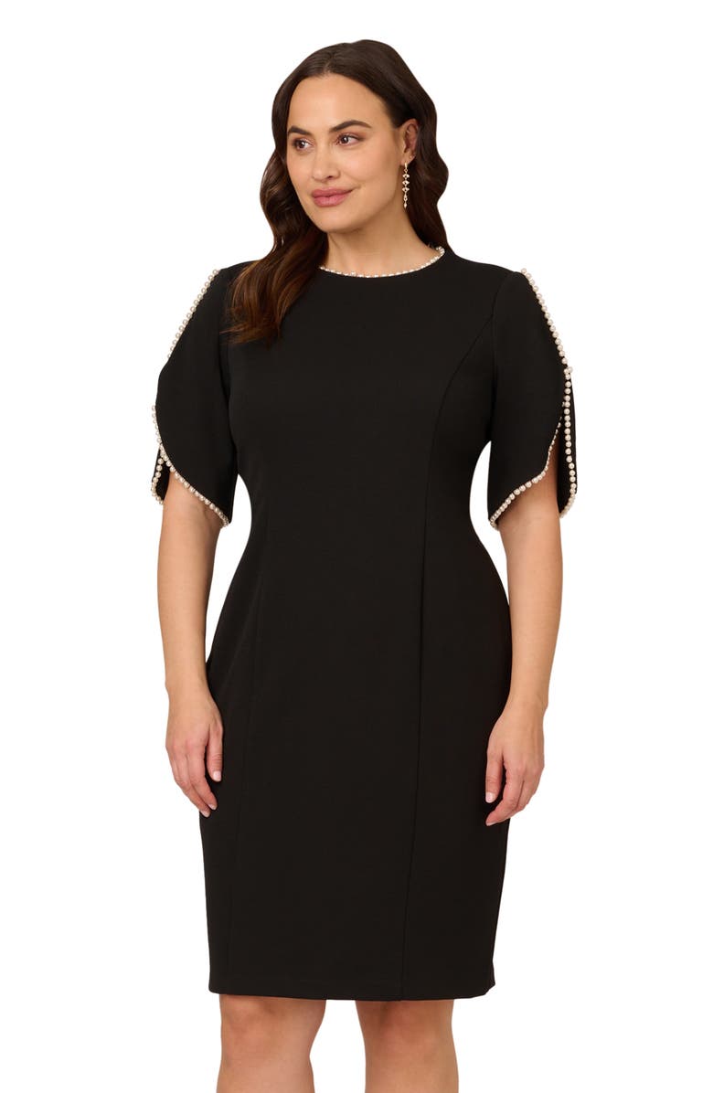 Adrianna Papell Imitation Pearl Detail Crepe Sheath Dress, Alternate, color, Black