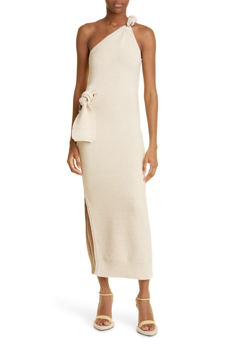 Knot Detail One-Shoulder Links Stitch Dress, Main, color, IVORY
