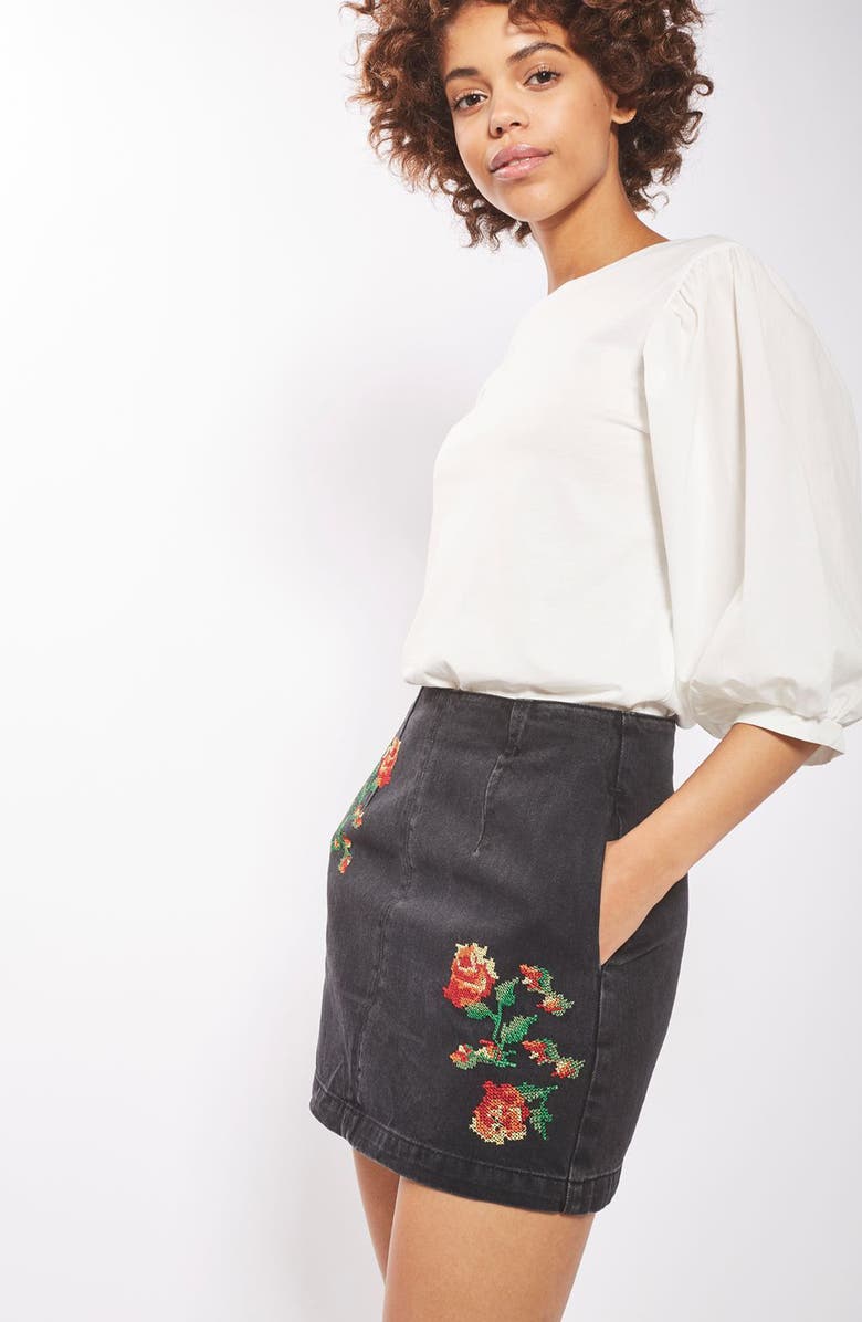 Topshop Moto Embroidered Denim Miniskirt, Alternate, color, 
