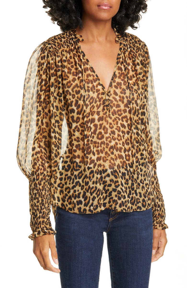 Veronica Beard Jaz Leopard Print Silk Chiffon Blouse, Main, color,