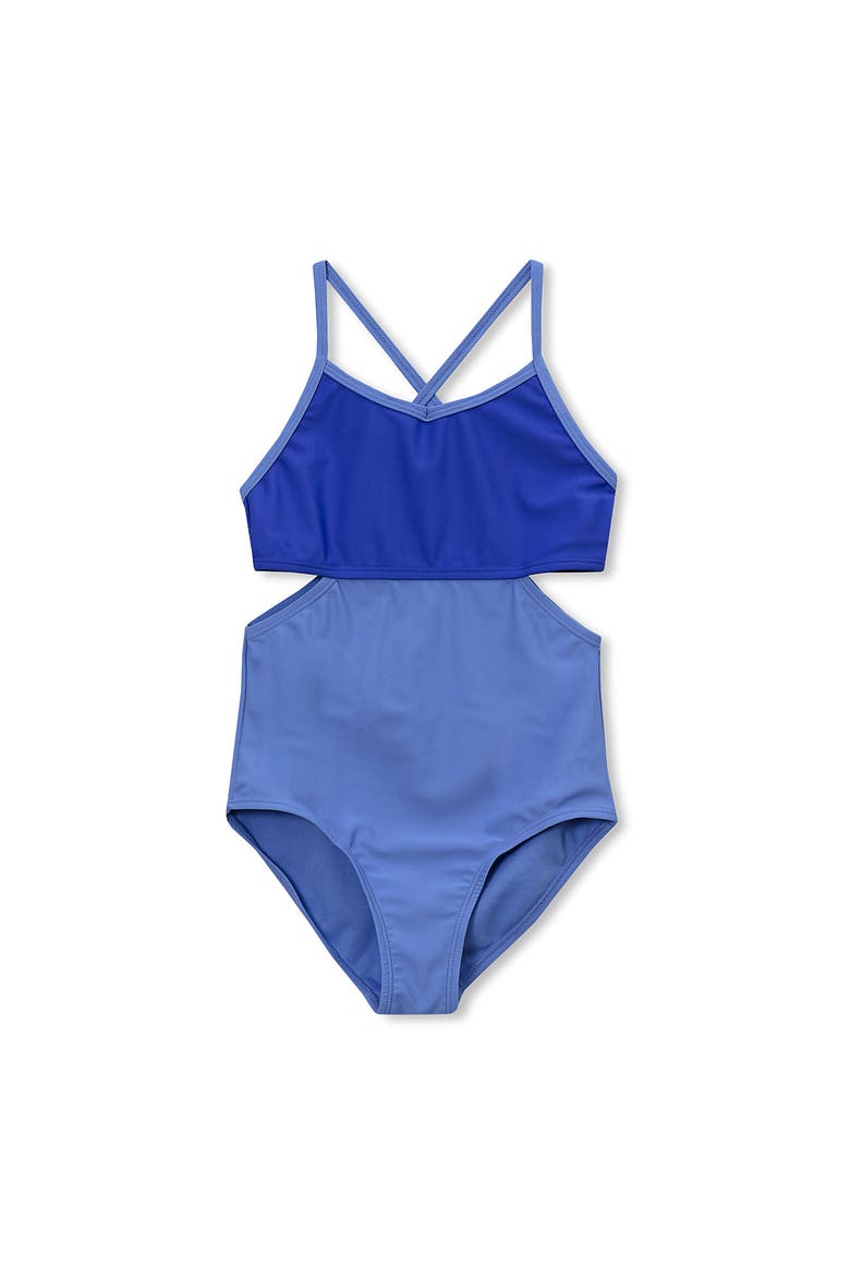 Girls Wrap Seersucker One Piece Swimsuit, Main, color, Dark Blue Colorblock