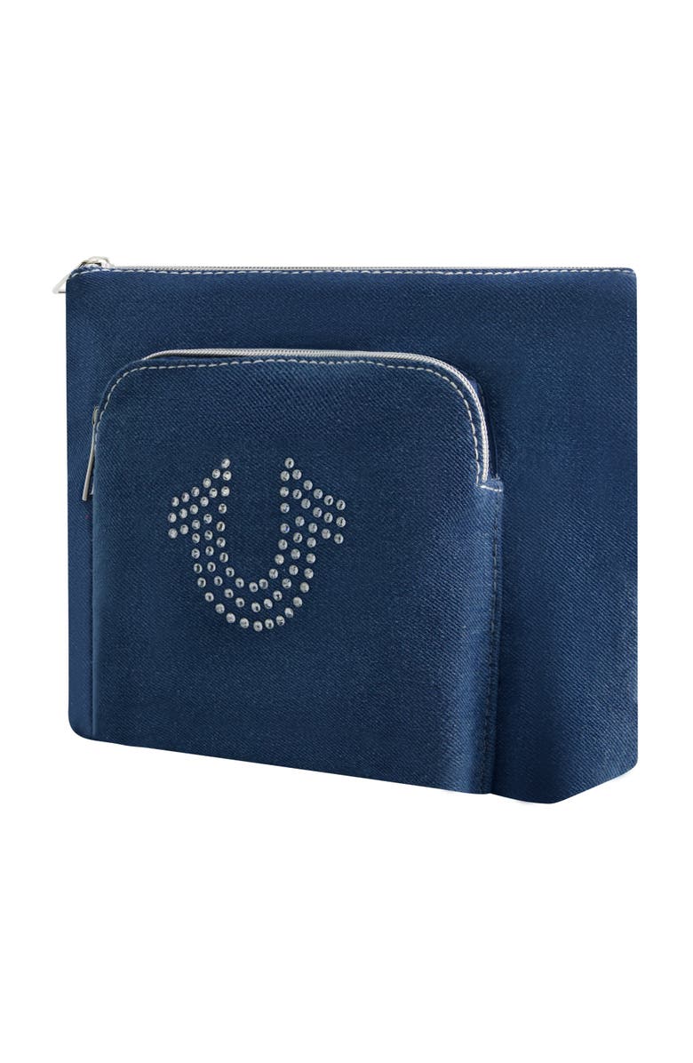 True Religion Trapezoid Zip Cosmetic Bag with Exterior Zip Pocket, Alternate, color, Denim