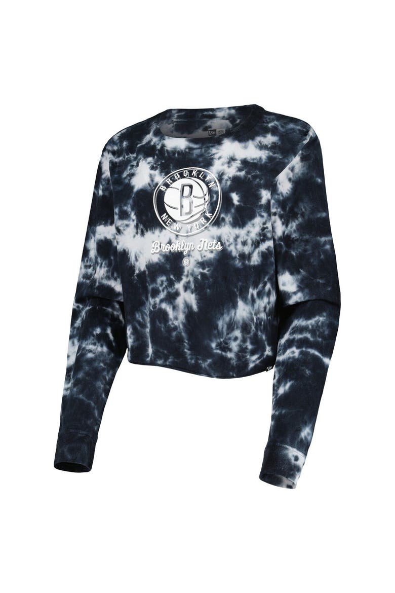 Women's New Era Black Brooklyn Nets Tie Dye Cropped Long Sleeve T-Shirt, Alternate, color, Black
