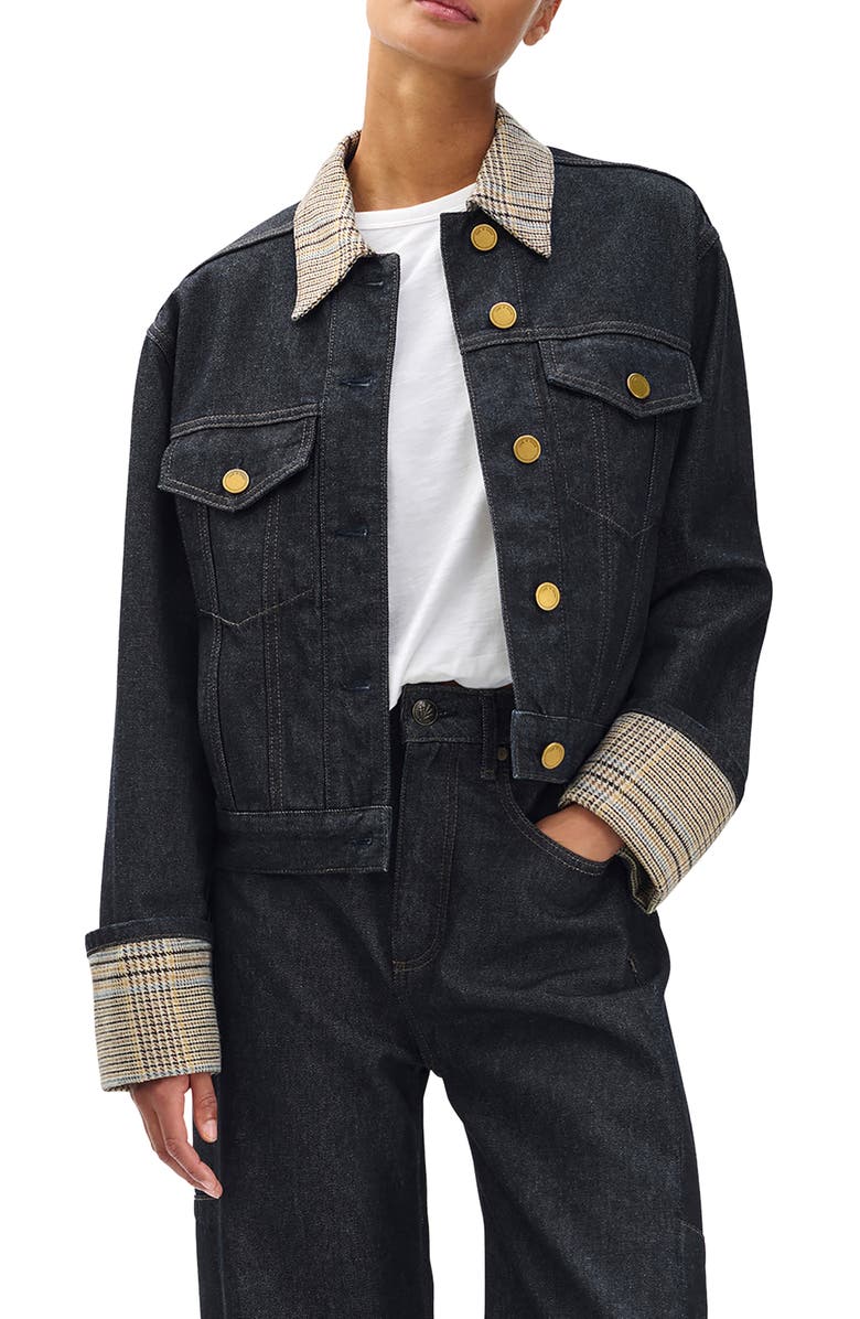 rag & bone Harriet Contrast Print Denim Trucker Jacket, Main, color, Dark Blue