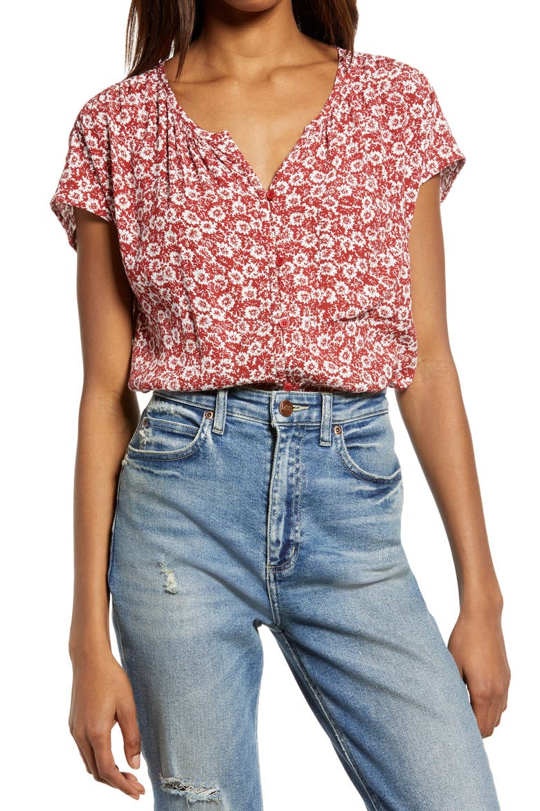 Print Front Button Top, Main, color, RED- IVORY SUMMER BLOSSOM