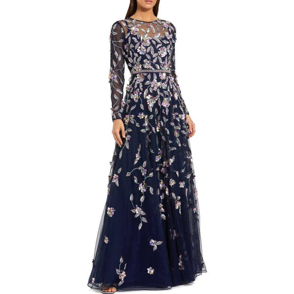 Mac Duggal Long Sleeve Mesh Gown With Floral Detail