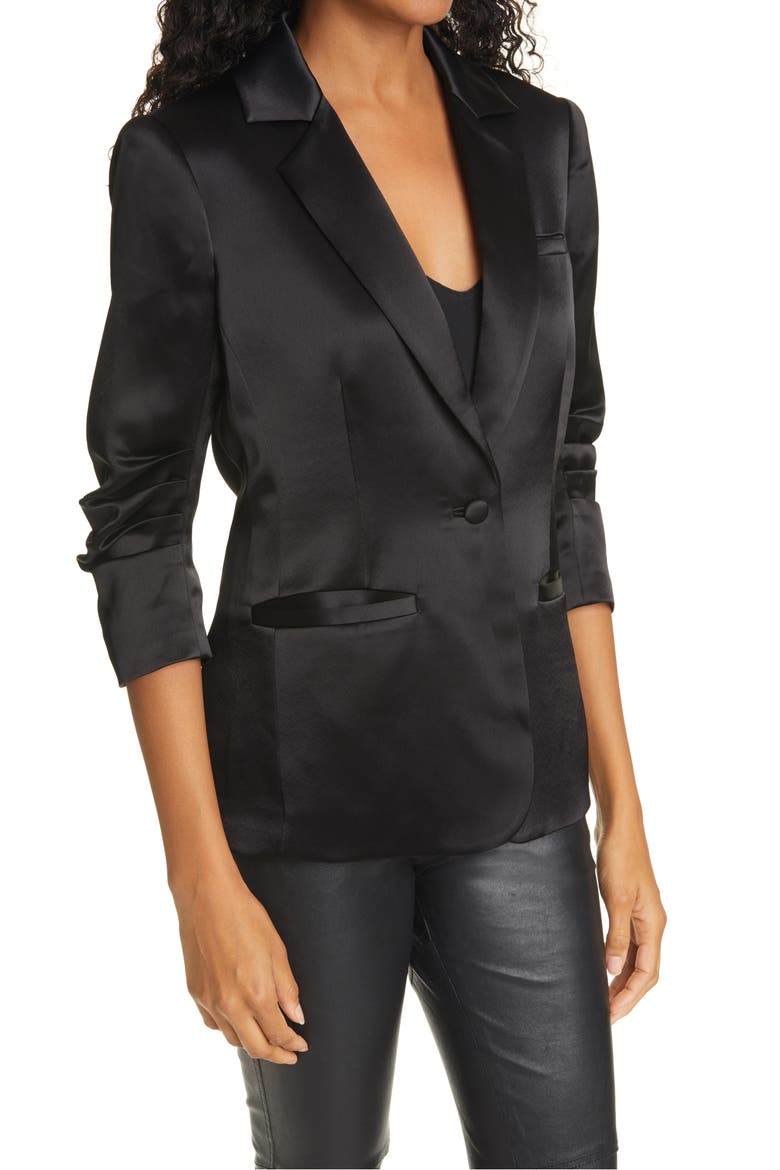 Khloe Satin Blazer, Alternate, color, BLACK