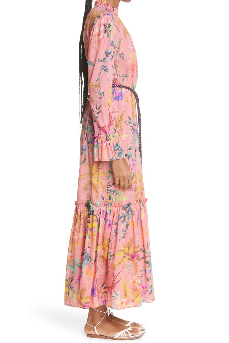 Tropicana Floral Print Frill Long Sleeve Cotton Voile Dress, Alternate, color, CORAL FLORAL