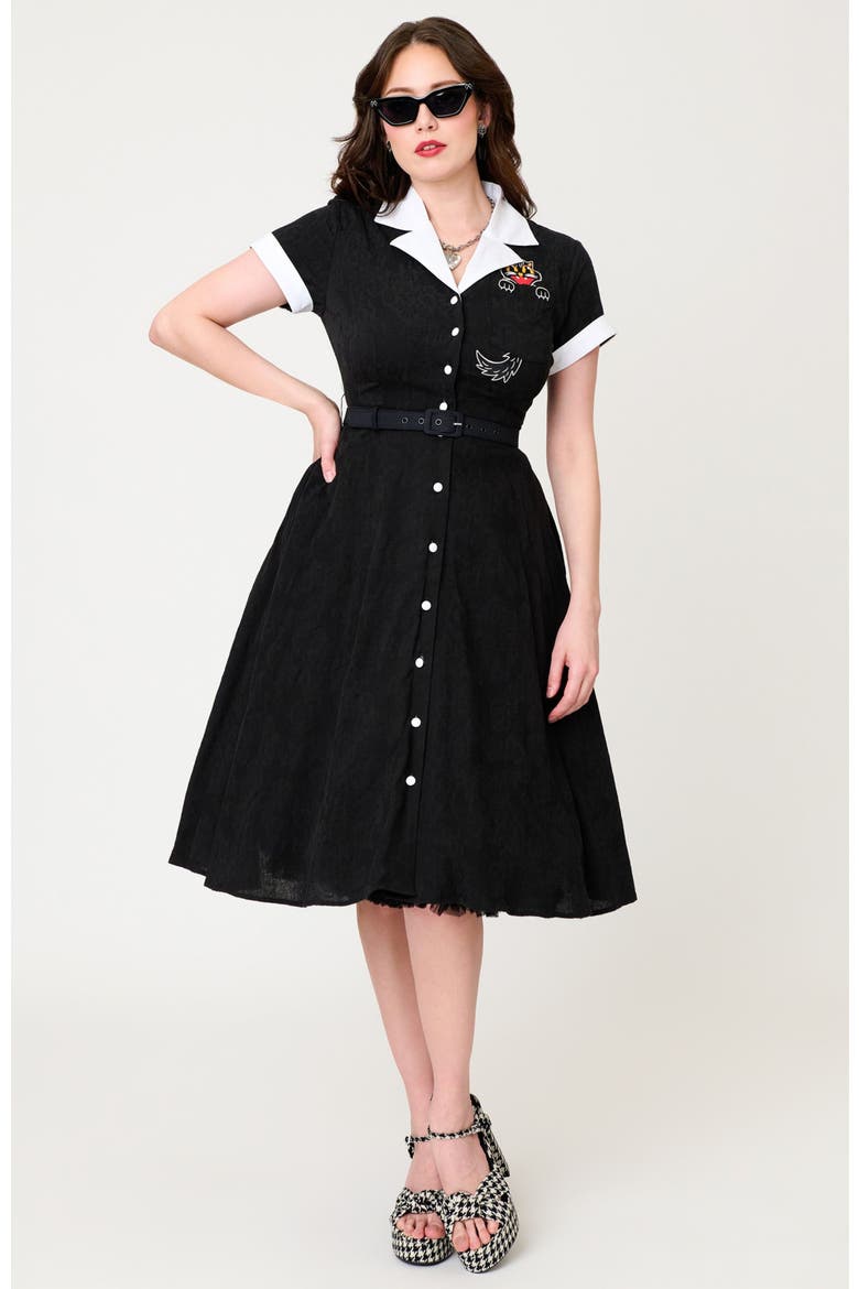 Collared Short Sleeved Belted Alexis Swing Dress, Main, color, Black w/ Cat Embroidered