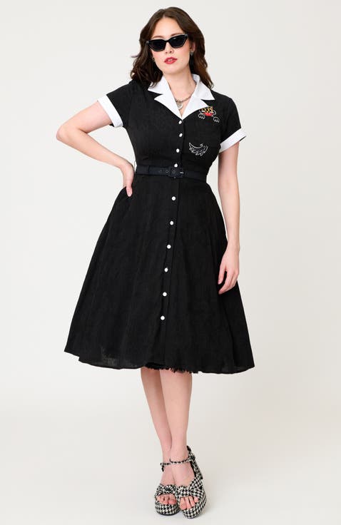 Collared Short Sleeved Belted Alexis Swing Dress