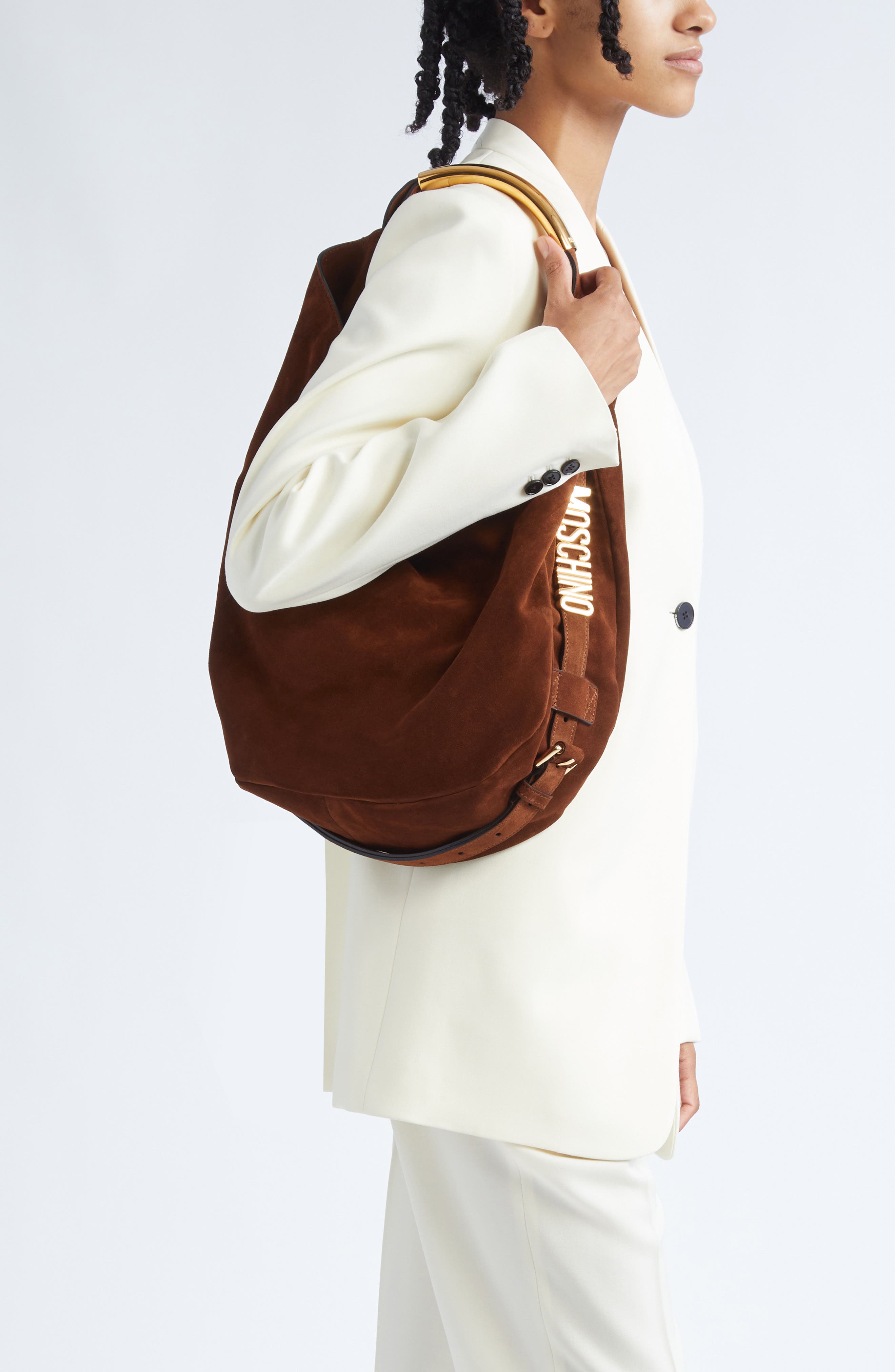 Moschino Handle Me Suede Hobo Bag, Alternate, color, Brown