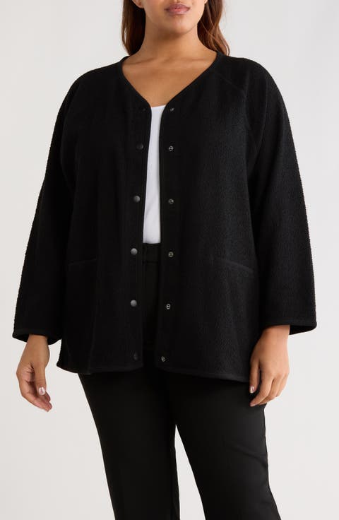 V-Neck Snap Front Bouclé Jacket (Plus)
