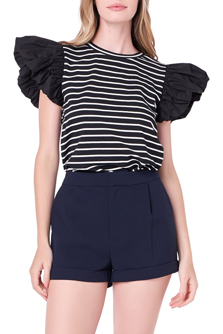 Mixed Media Stripe Ruffle Sleeve Top, Main, color, BLACK/ WHITE