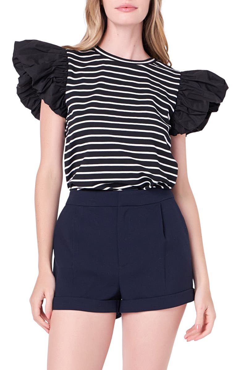 English Factory Mixed Media Stripe Ruffle Sleeve Top, Main, color, Black/ White