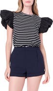English Factory Mixed Media Stripe Ruffle Sleeve Top