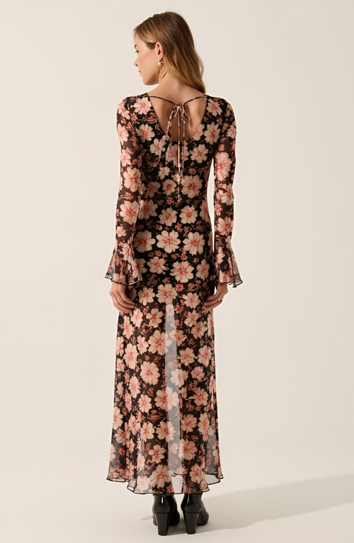 Modenaire Floral Mesh Maxi Dress With Trumpet Sleeves, Drop Waist And Asymmetrical Slit Skirt In Pink