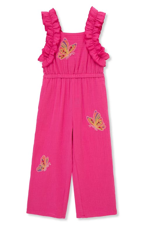 Peek Aren't You Curious Kids' Butterfly Embroidered Cotton Jumpsuit In Dark Pink