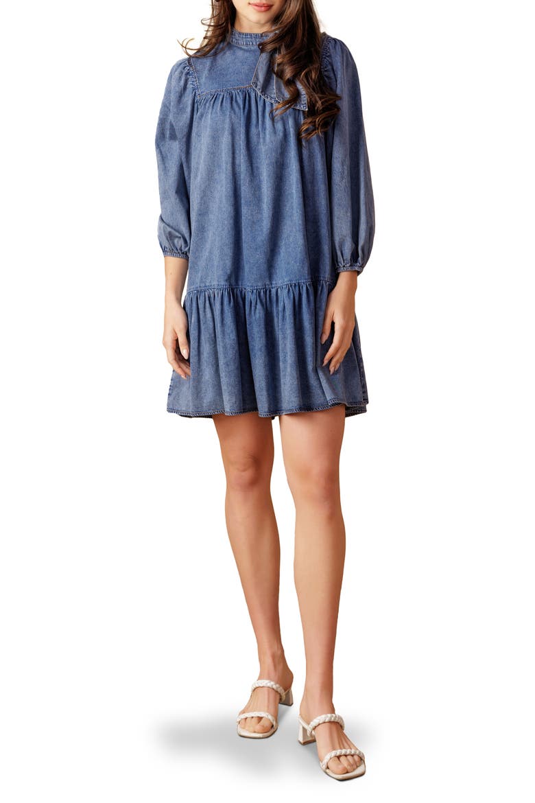 Tie Neck Balloon Sleeve Denim Trapeze Dress, Main, color, DARK INDIGO
