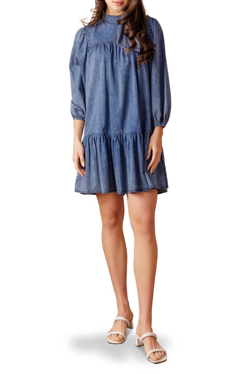 FLYING TOMATO Tie Neck Balloon Sleeve Denim Trapeze Dress, Main, color, Dark Indigo