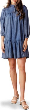 FLYING TOMATO Tie Neck Balloon Sleeve Denim Trapeze Dress
