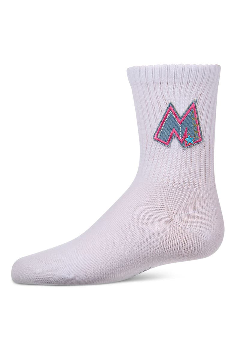 Ribbed Crew Socks with Embroidered Denim "M" Patch, Main, color, White