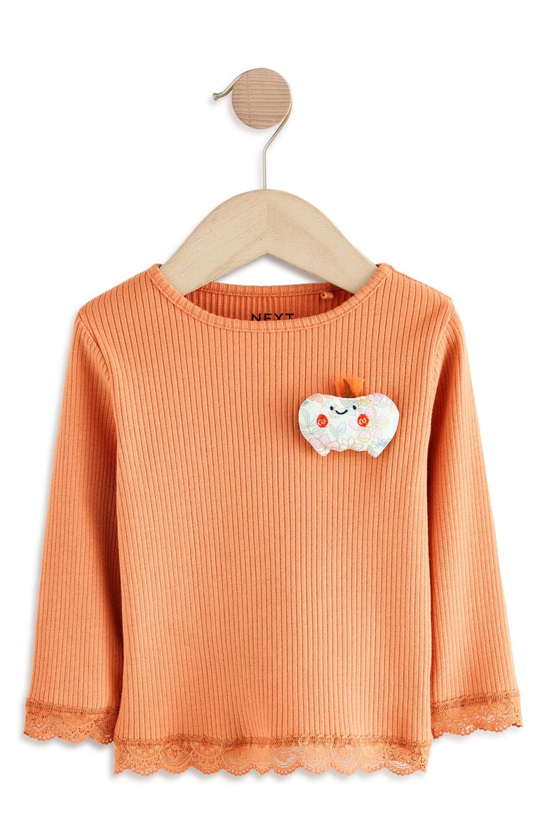NEXT Kids' Pumpkin Appliqué Rib Long Sleeve Top, Main, color, Orange