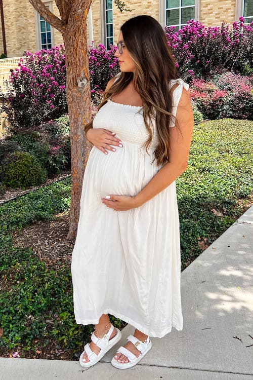 Pinkblush Smocked Tie Strap Midi Dress In White