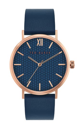 Ted Baker Phlipa Gents Leather Strap Watch, 43mm In Rose Gold/blue/blue