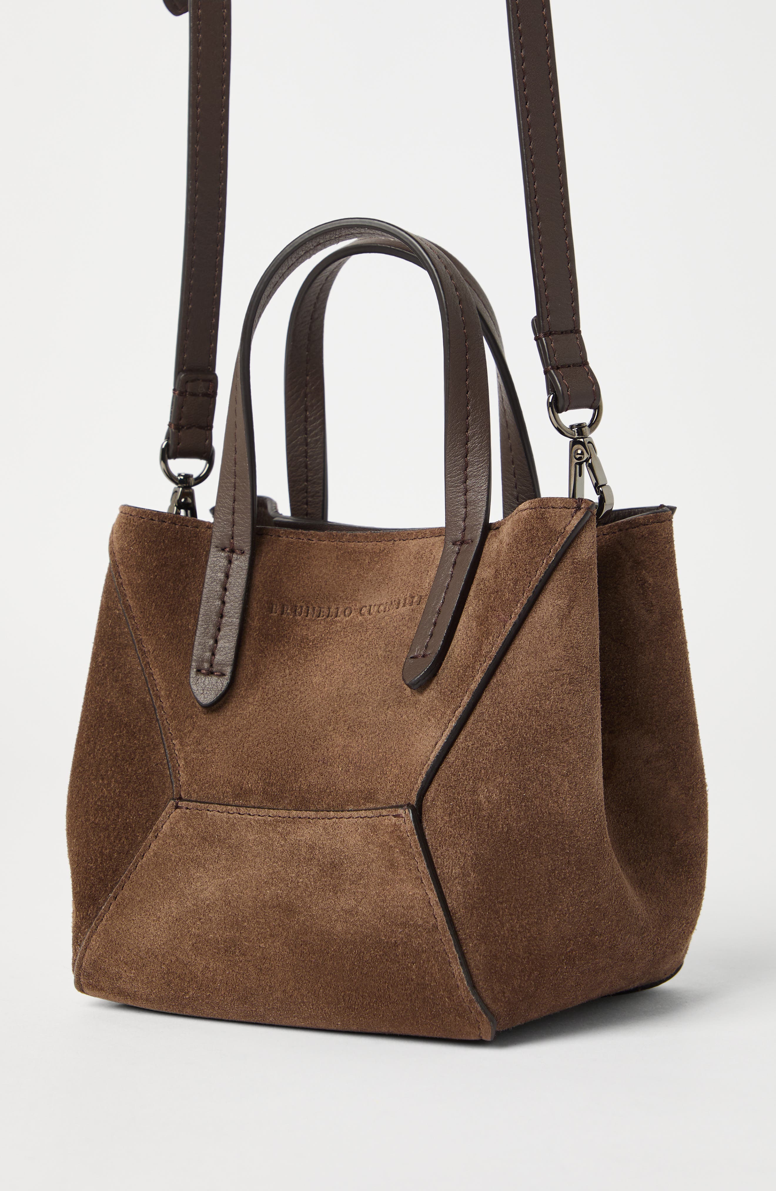 Brunello Cucinelli Suede mini BC Duo bag, Alternate, color, Bark