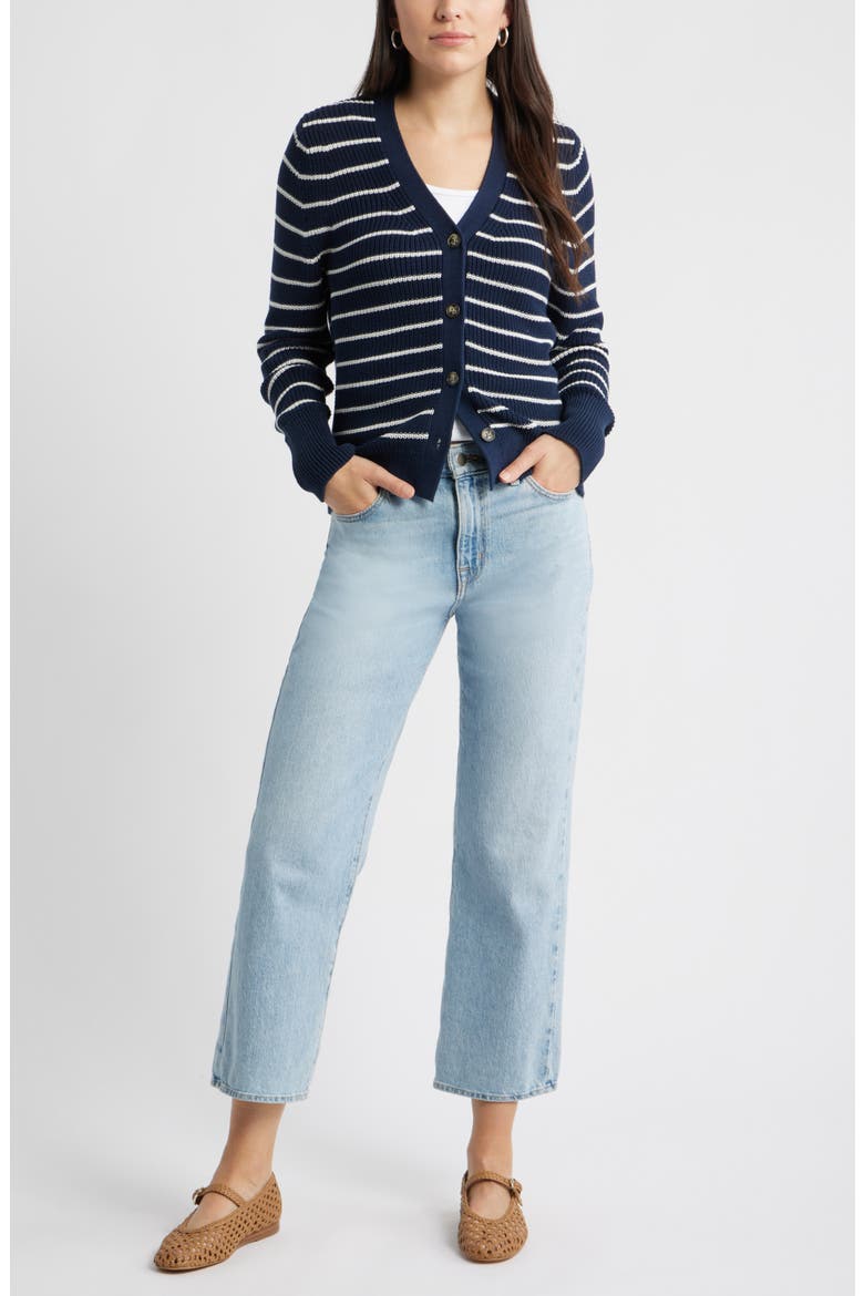 Shaker Stitch V-Neck Pima Cotton Cardigan, Alternate, color, NAVY STILL- IVORY JANA STRIPE