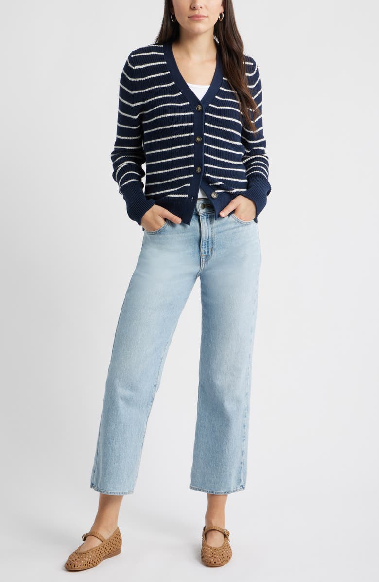 Caslon<sup>®</sup> Shaker Stitch V-Neck Pima Cotton Cardigan, Alternate, color, Navy Still- Ivory Jana Stripe